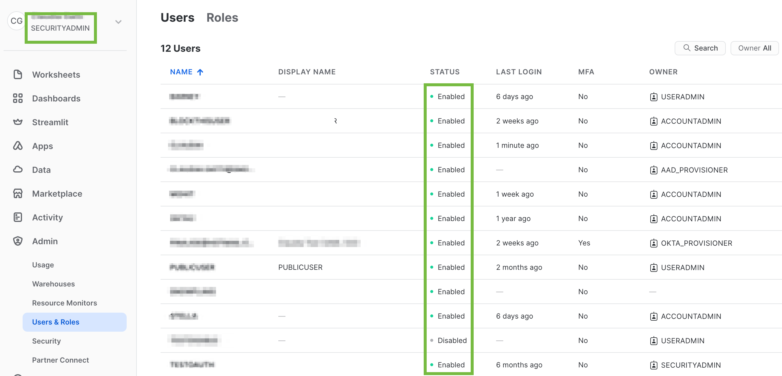Snowsight's Admin > Users page shows users with a 