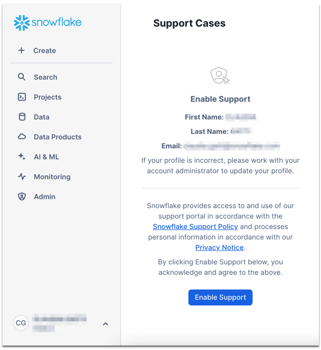 How to register for support within Snowflake